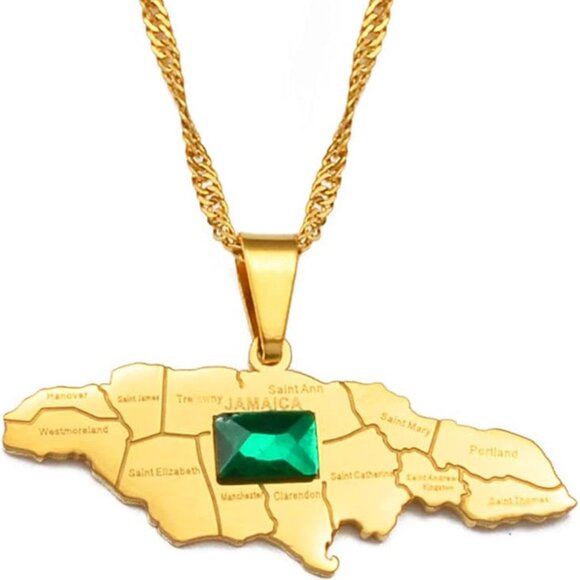Jamaica Map Pendant Necklace Gold Tone with Green Stone - Picture 2 of 7